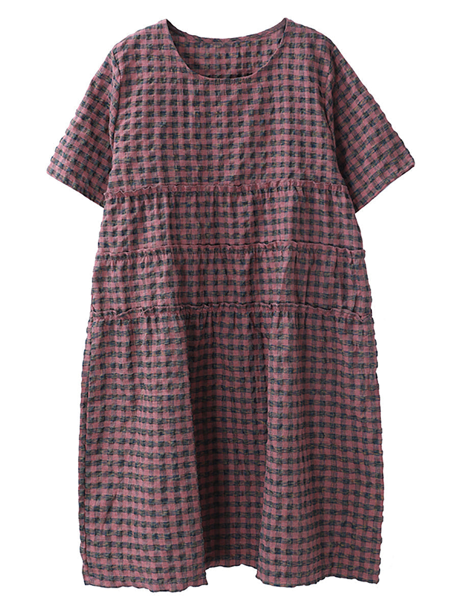 Summer Plaid Round Neck Cotton Linen Midi Dress Xx1060
