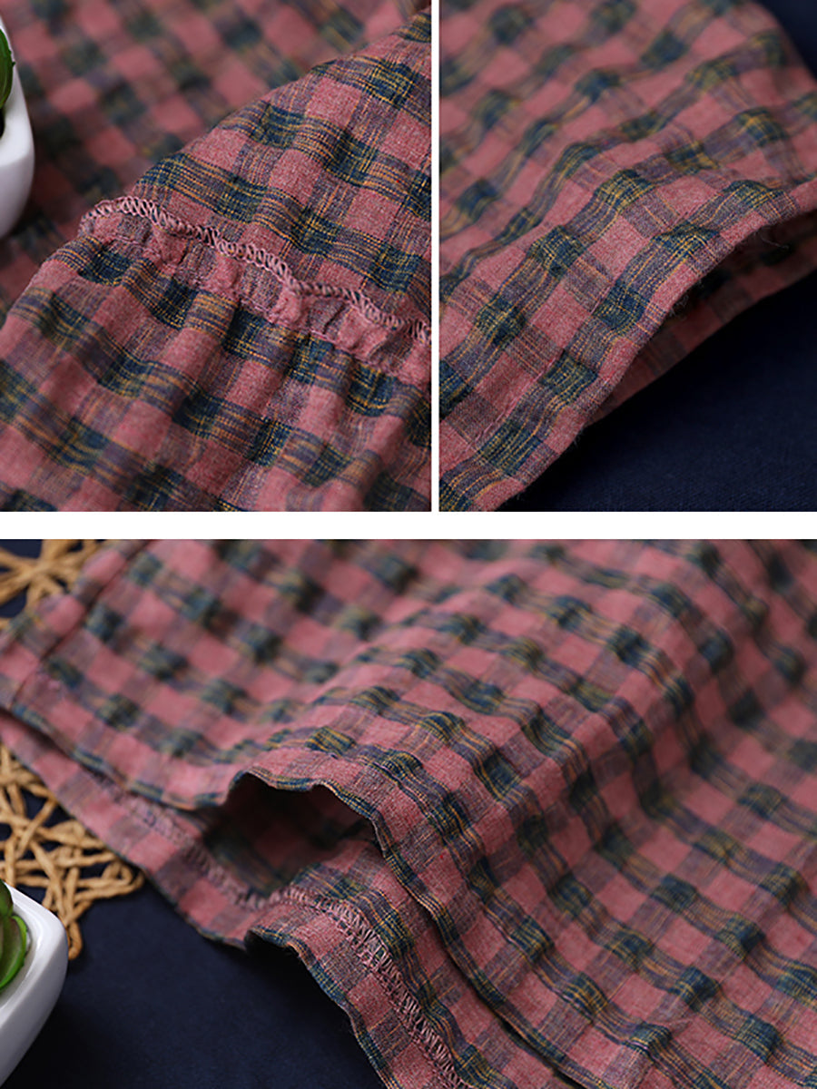 Summer Plaid Round Neck Cotton Linen Midi Dress Xx1060