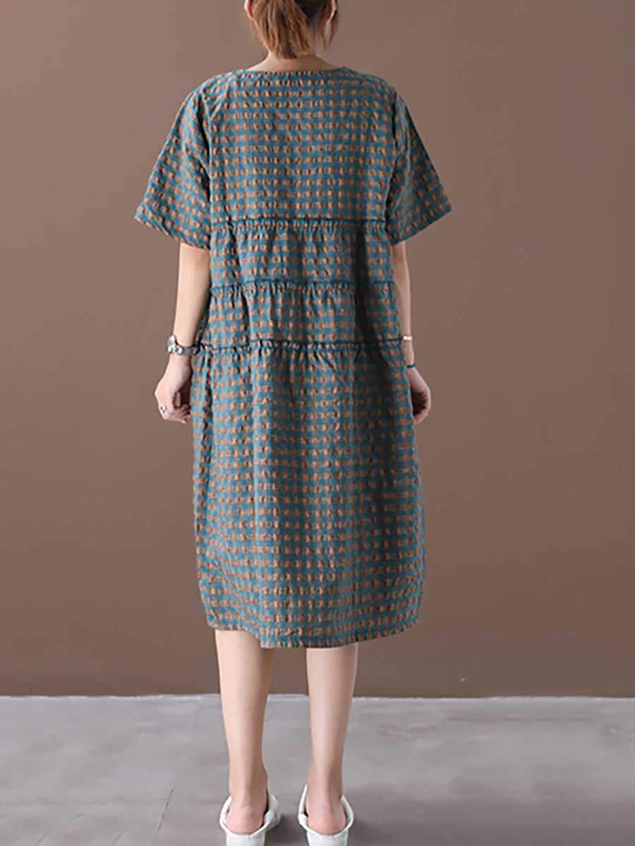Summer Plaid Round Neck Cotton Linen Midi Dress Xx1060