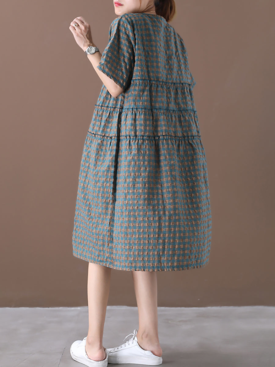 Summer Plaid Round Neck Cotton Linen Midi Dress Xx1060