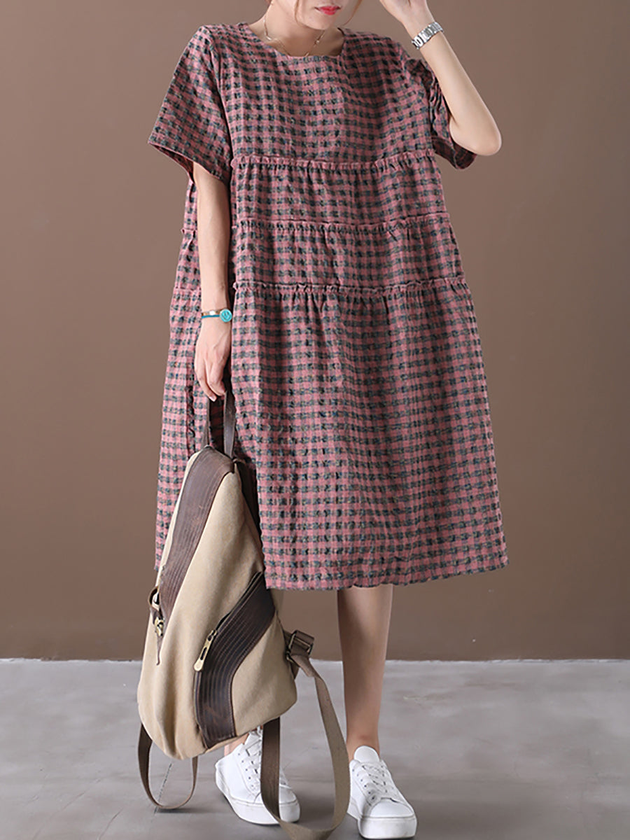 Summer Plaid Round Neck Cotton Linen Midi Dress Xx1060