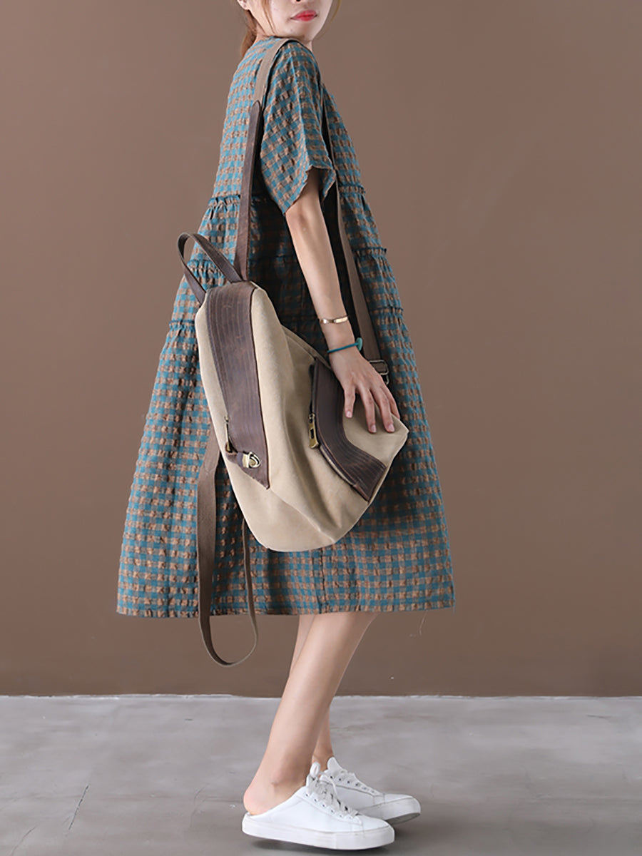 Summer Plaid Round Neck Cotton Linen Midi Dress Xx1060