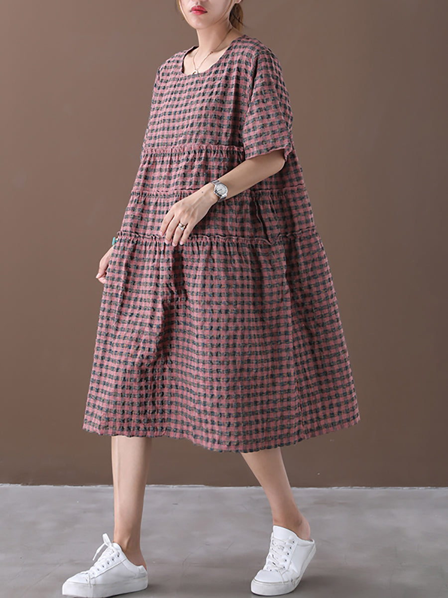 Summer Plaid Round Neck Cotton Linen Midi Dress Xx1060