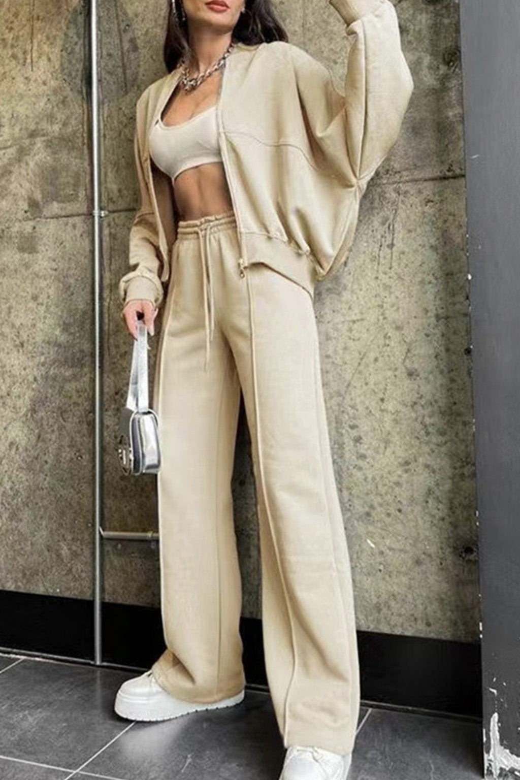 Sweatshirt Jacket Straight-leg Long Pants Set