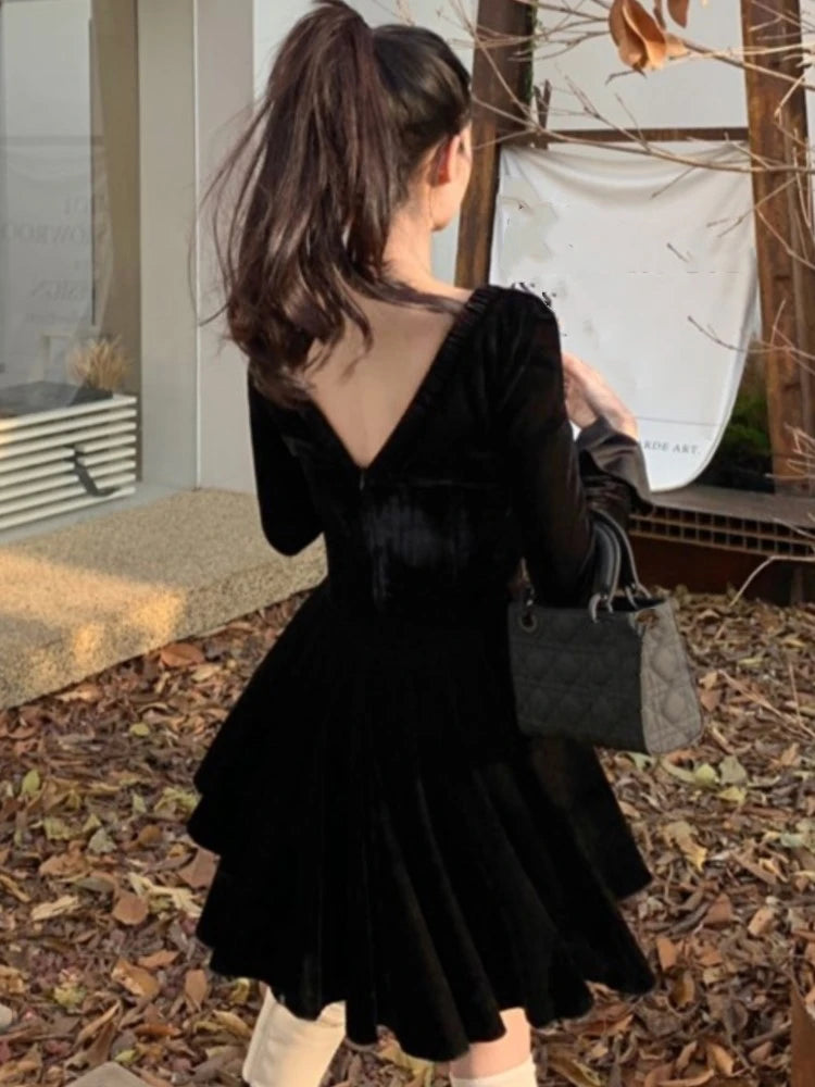 Sweet Black Velvet Mini Dress Flare Sleeve Square Collar Autumn Winter France Birthday Party Kawaii Vestidos New