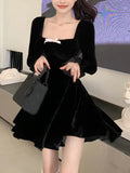 Sweet Black Velvet Mini Dress Flare Sleeve Square Collar Autumn Winter France Birthday Party Kawaii Vestidos New