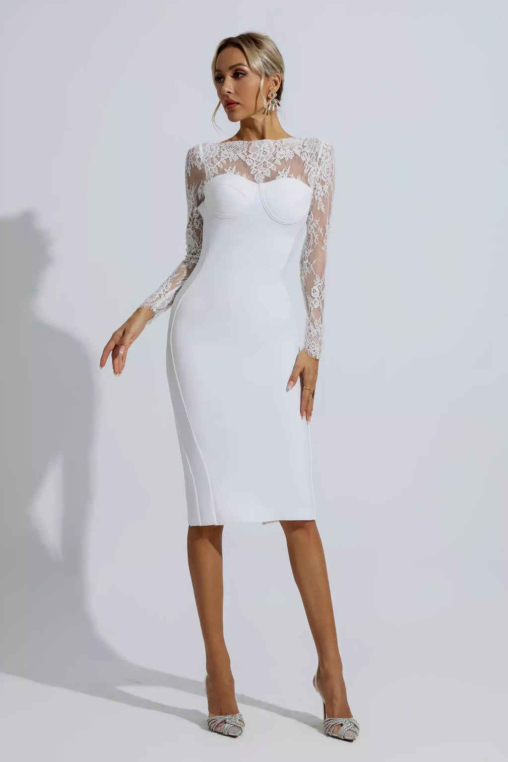 Sylvia White Lace Bodycon Midi Dress