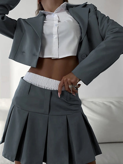 Blazer and Skirt Sets for Two Piece Set Outfits Gray Cropped Coat Blazer Femme 2-piece Sets New