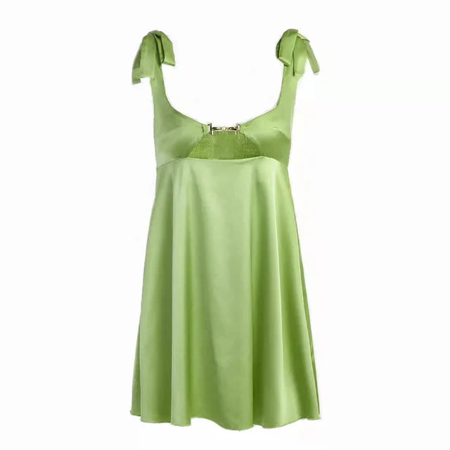 Bandage Satin Dress Party Backless Sleeveless Loose Dresses Hollow Out Mini Dress Woman New