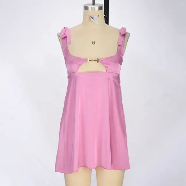Bandage Satin Dress Party Backless Sleeveless Loose Dresses Hollow Out Mini Dress Woman New