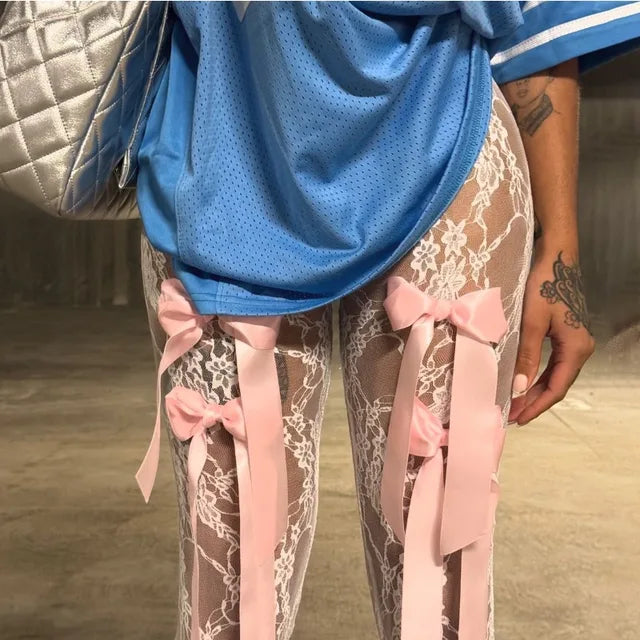 Bow Splice Lace Pants Sheer Slim High Waist Bottoms Hot Beach Party Club See Through Pant