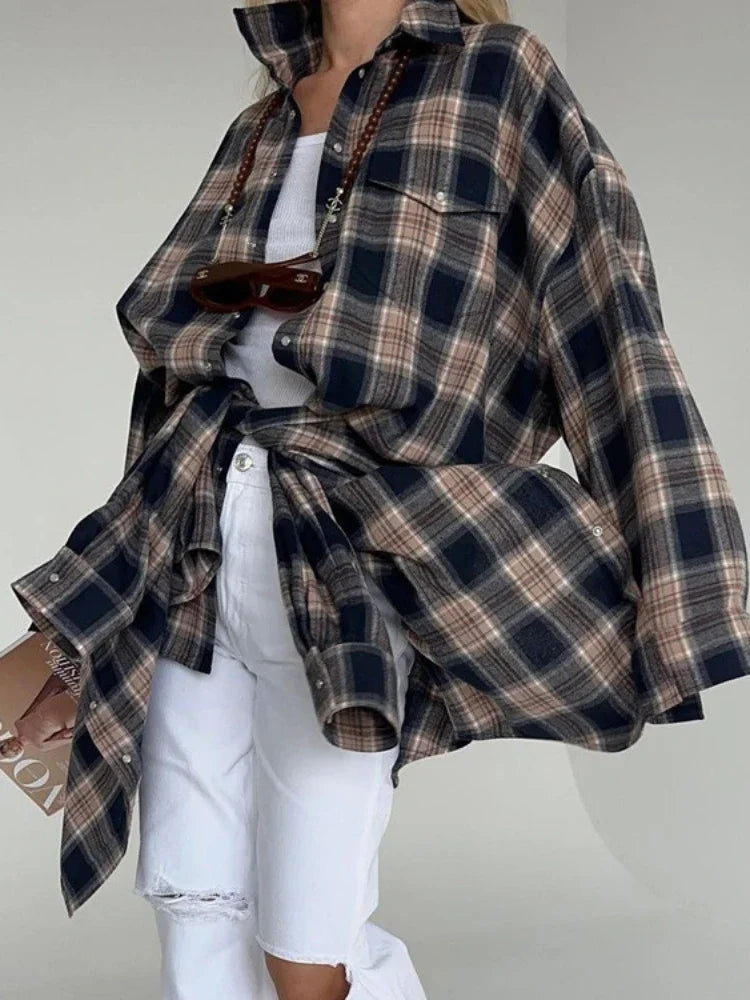 Retro Blouse Autumn Winter Loose Long Shirts Female Plaid Basic Street Cardigan Woman Clothing