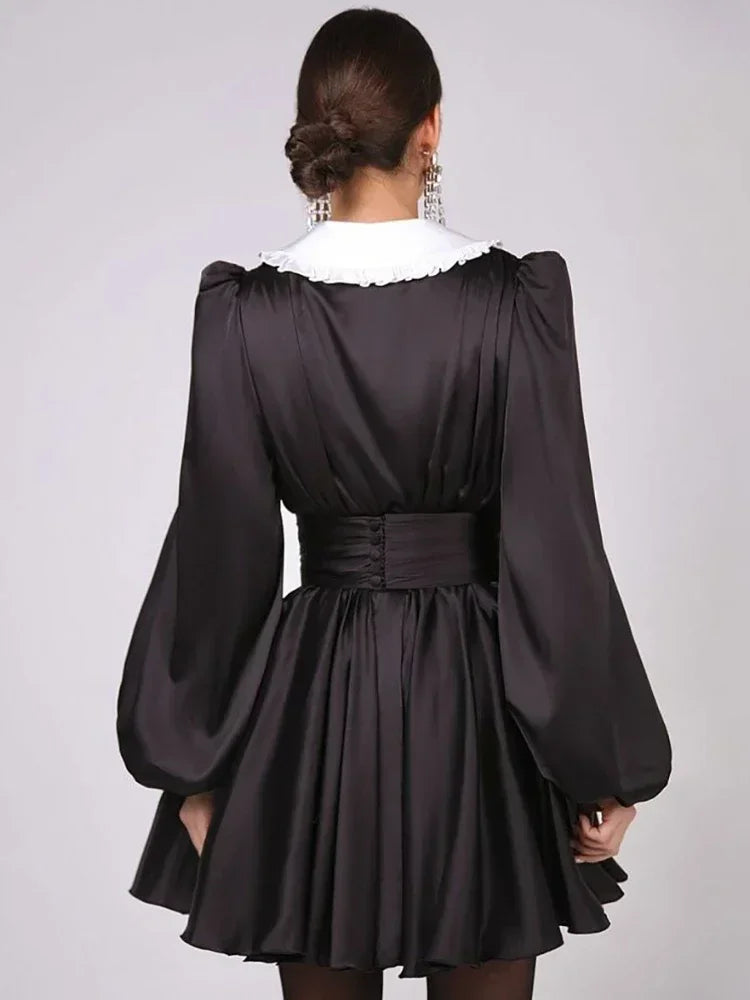 Deep V Neck Folds Dress for Ruffles Turn Collar Belt Mini Dresses Lady Retro Party Evening Dress Female New