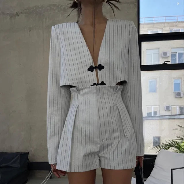 Designer ’s Striped Set Oversized Blazer Two Pieces Set for Pullover Long Sleeve Shirt Tops and Shorts