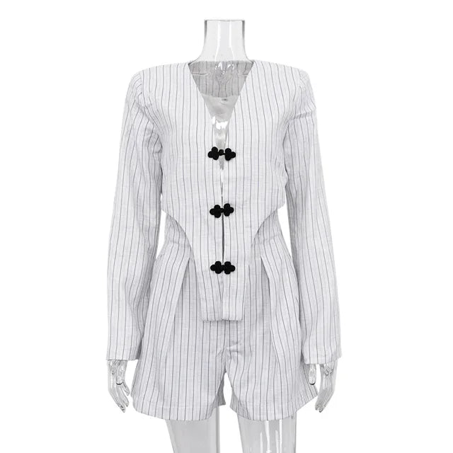 Designer ’s Striped Set Oversized Blazer Two Pieces Set for Pullover Long Sleeve Shirt Tops and Shorts