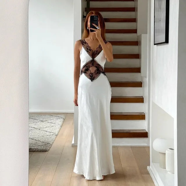 Lace Backless Hollow Maxi Dress for V Neck Patchwork Print High Waist Party Dress Female Long Dress