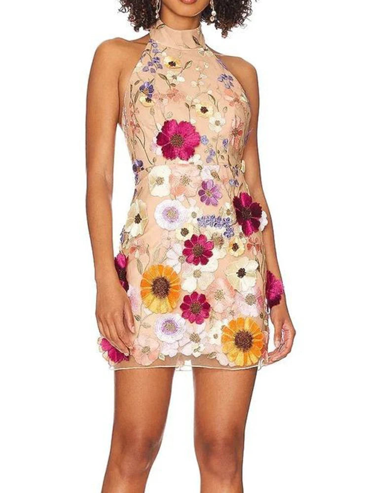 Embroidery 3d Flower Bodycon Dress for Summer Sleeveless Backless Mini Dresses Temperament Slim Vestidos De Mujer