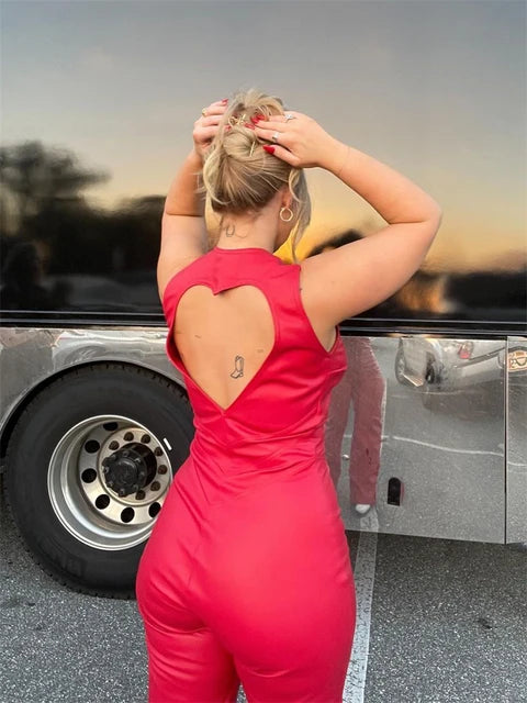 Denim Backless Sleeveless Jumpsuits Female Hollow Out Slim Heart Cutout Y2k Bodycon Jeans High Street Jumpsuits