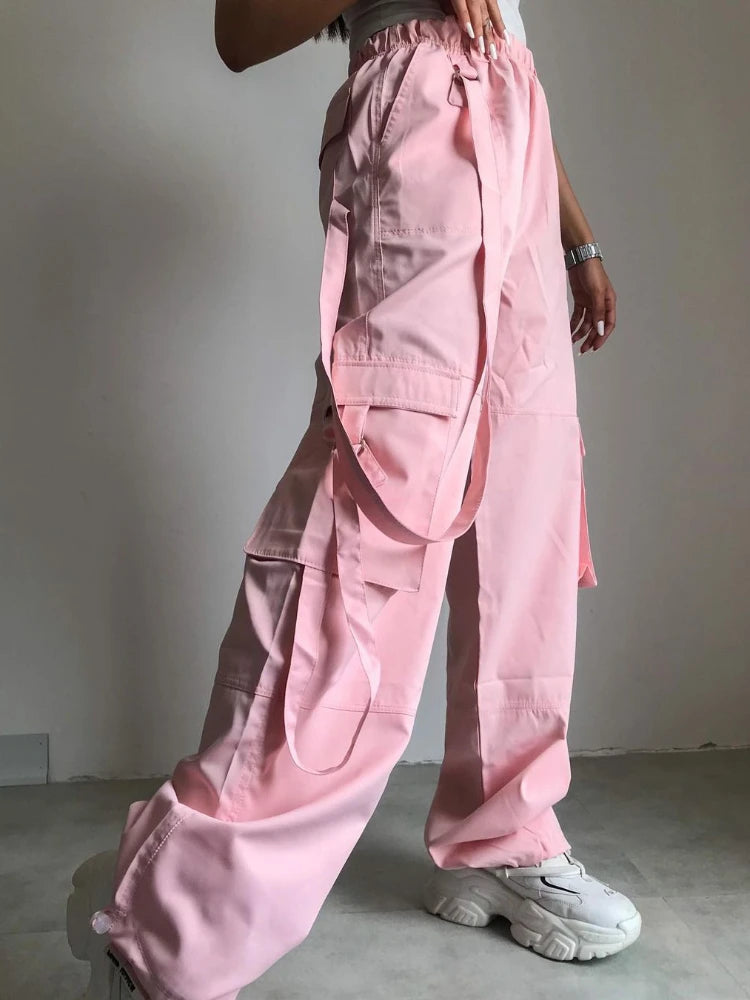 High Waist Cargo Pants Pocket Loose Pink Baggy Sweatwear Female Autumn Winter Sweatpants Woman