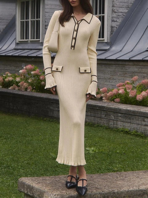 High Waist Ruffled Maxi Dresses for Autumn Winter Knitted Slim Long Dress ’s Dress Woman Retro