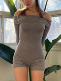 Knit Off-shoulder Short Jumpsuit for Summer Long Sleeve Shorts Playsuit Knitted Slim Bodycon Romper New