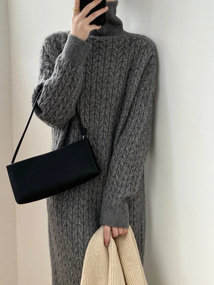 Knitted Long Dress Loose Long Sleeve Turtleneck Pullover Femme Retro Warm Sweater Knitwear Cover Up