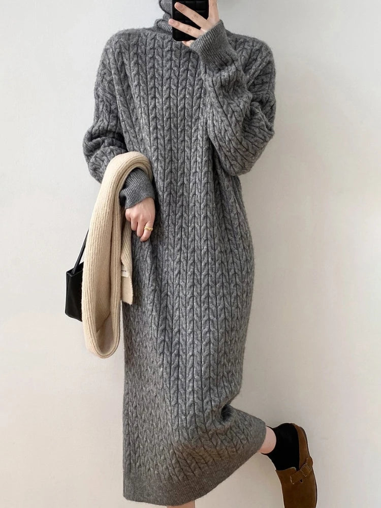 Knitted Long Dress Loose Long Sleeve Turtleneck Pullover Femme Retro Warm Sweater Knitwear Cover Up