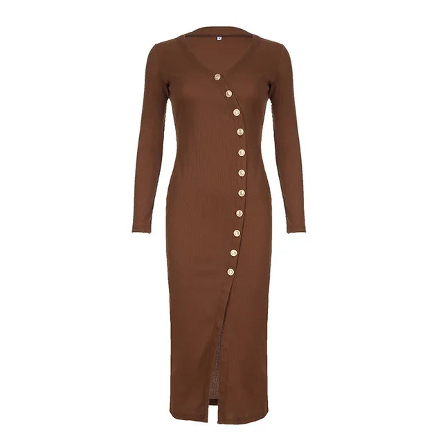 Knitted Maxi Dress for Slit Slim Long Sleeve Buttons Dresses Knitwear Party Retro Dress Lady New