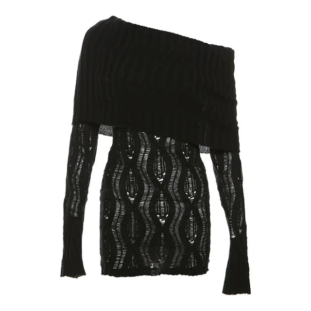 Knitted Mini Dress for Slim Rib High Waist Flare Sleeve Dresses Femme Autumn Winter Bodycon Dress Woman