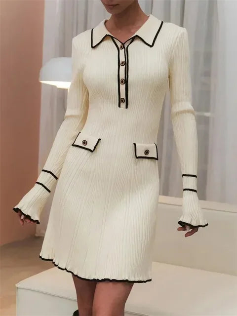 Knitted Mini Dress Autumn Winter Ruffled Rib High Waist Dresses Long Sleeve Banquet Dress for Woman