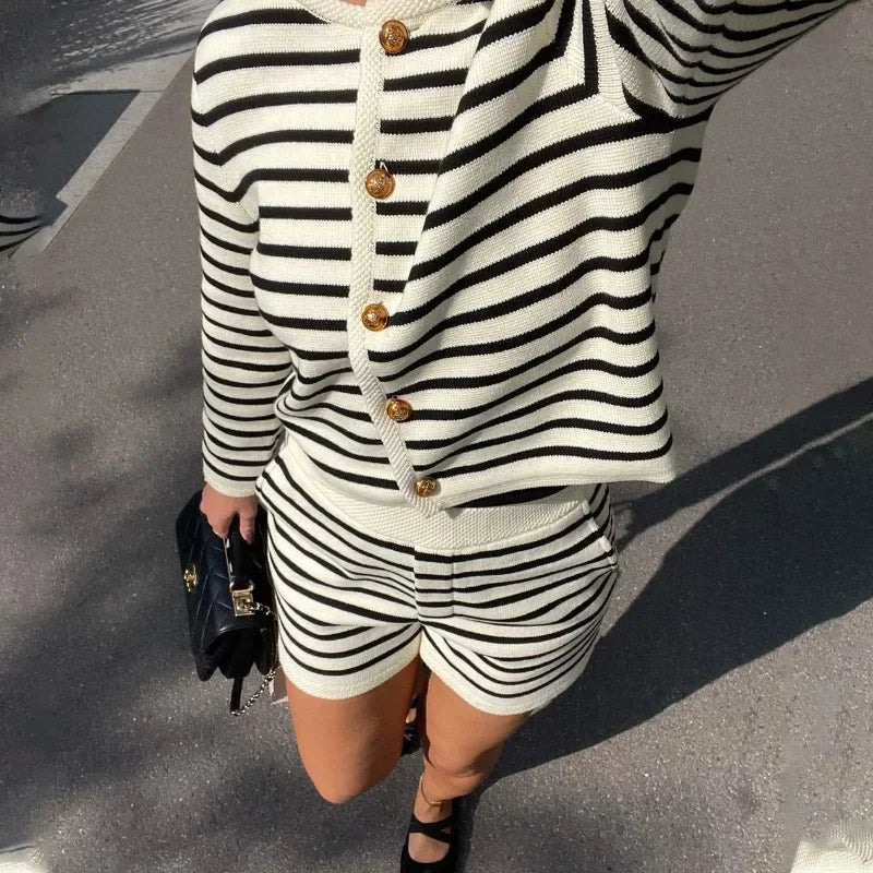 Knitted Shorts 2 Piece Sets Outfits Loose Cardigan Sweater Woman Winter Street High Waist Short Suits