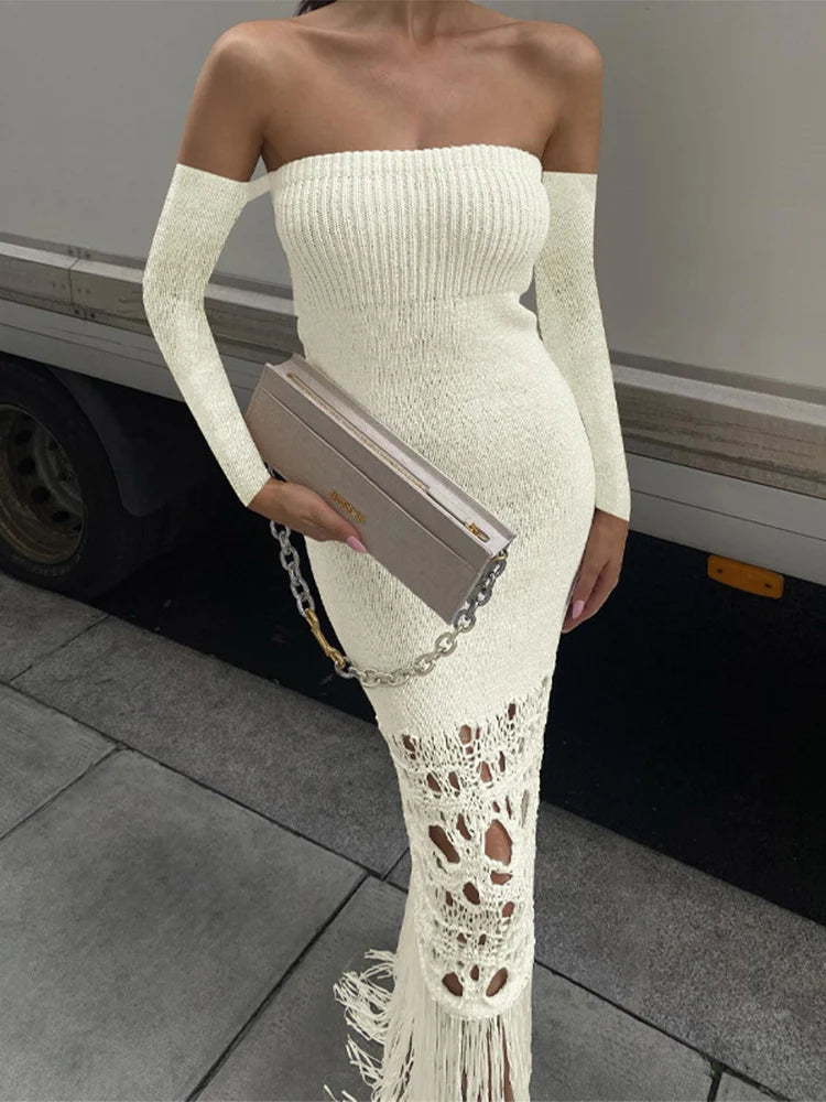 Knitted Tassel Maxi Dresses for Hollow Out Bodycon Dress ’s Off the Shoulders Evening Dress Woman