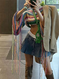 Knitted Tassels Cover Ups for Swimwear Loose Rainbow Shirt Sweater Holiday Crop Pullover Femme
