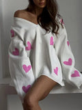 Knitted Cardigan Long Sleeve Loose Deep V Neck Sweater ’s Embroidery Heart Autumn Coat New