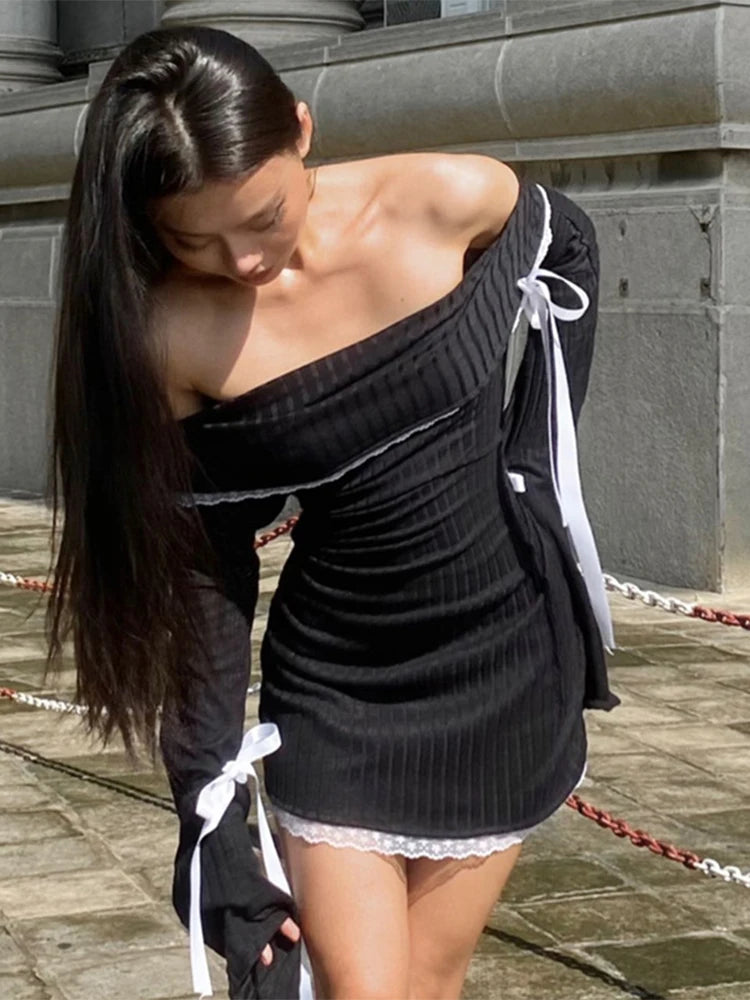 Lace Splice Mini Dress for Bandage Off the Shoulders Slim Ribbing Dresses Bodycon Dress Woman