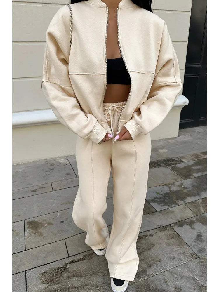 Lace Up Pant Sets Loose V Neck Cardigan Woman Autumn Winter Sports Pants 2 Piece Sets Outfits