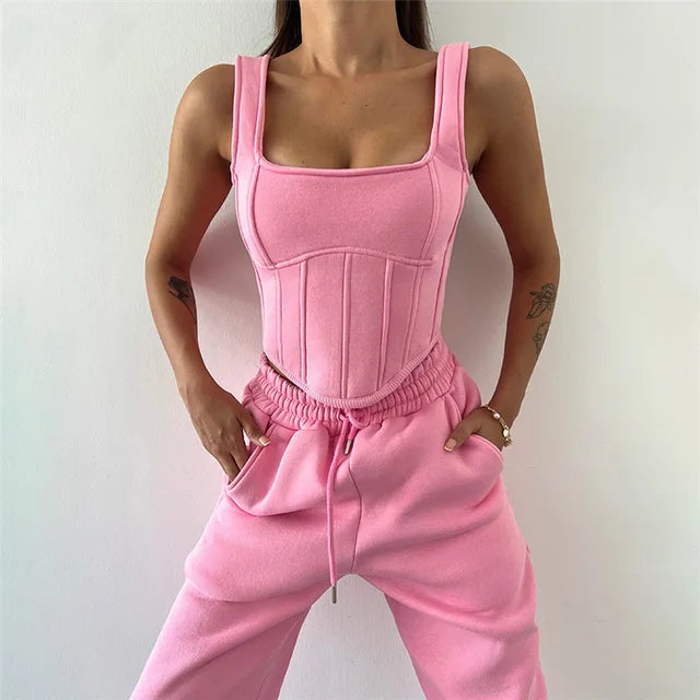 Lace Up Pants Sets Slim Splice Tank Tops Woman Long Sleeve Short Hoodies and Pant Suits Outfits Winter