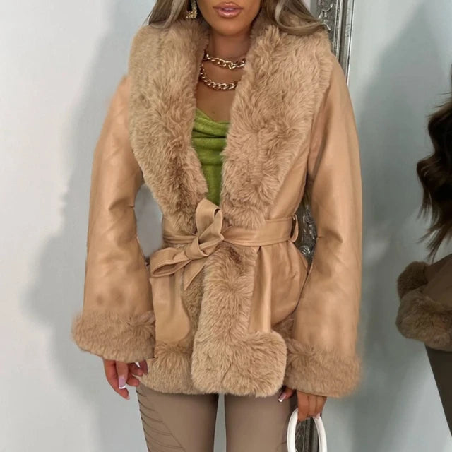Pu Splice Fur Collar Wrap Coat for Lace Up Slim Long Sleeve Coat Woman Winter Street Jacket ’s Clothes