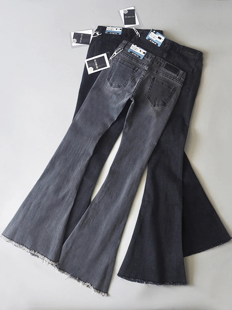 Retro Low Waist Blue Jeans for Bodycon Flared Pants Basic Slim Fit Summer Street Jeans Woman