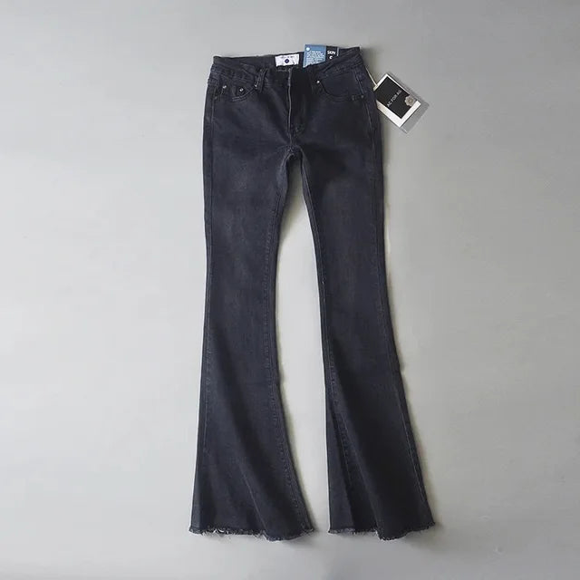 Retro Low Waist Blue Jeans for Bodycon Flared Pants Basic Slim Fit Summer Street Jeans Woman