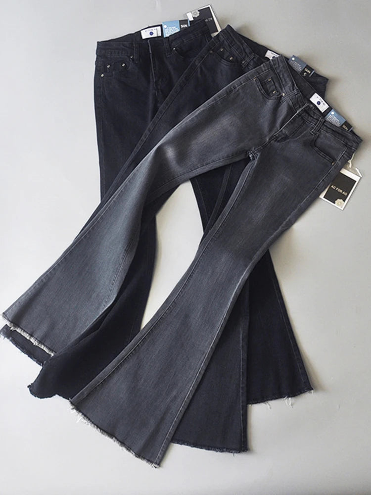 Retro Low Waist Blue Jeans for Bodycon Flared Pants Basic Slim Fit Summer Street Jeans Woman