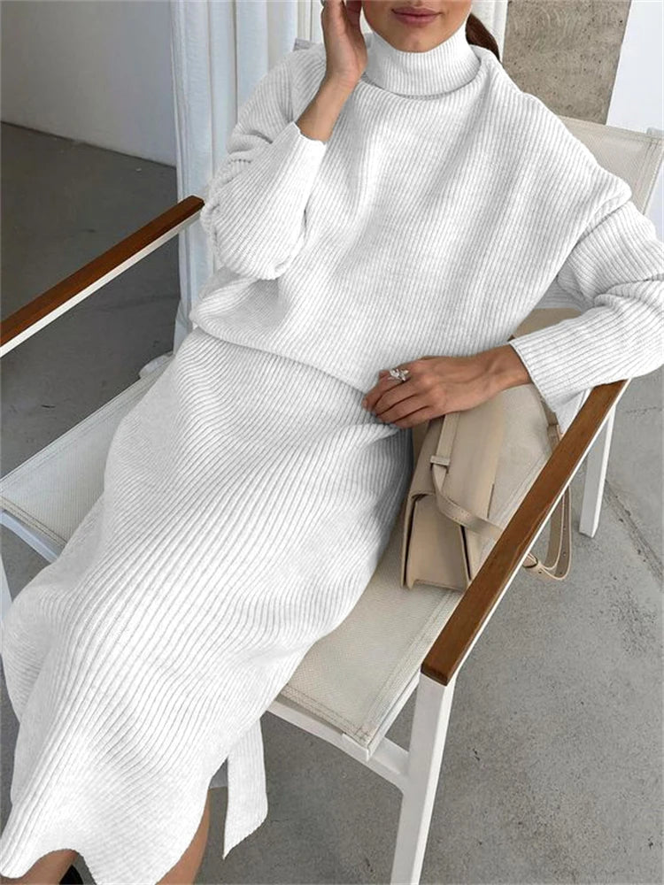 Ribbed Knit 2 Piece Dress Set Outfits Knitwear Top and Midi Skirt Sets for Winter Sweater Sets