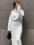 Ribbed Knit 2 Piece Dress Set Outfits Knitwear Top and Midi Skirt Sets for Winter Sweater Sets