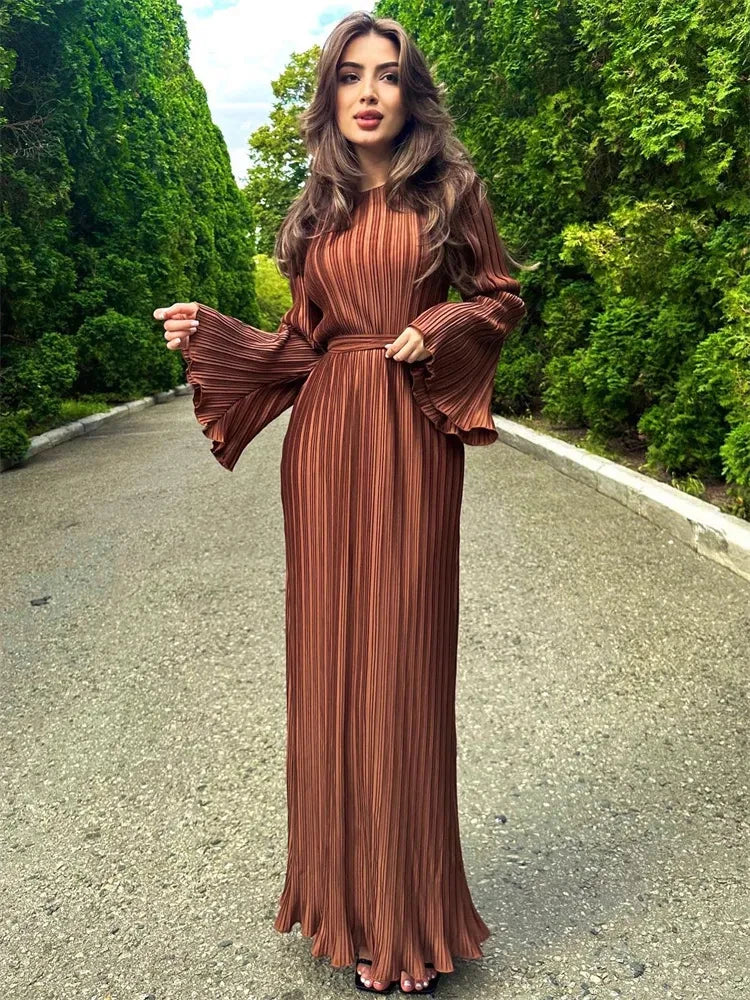 Ruffled Lace-up Ribbed Maxi Dress for Long Sleeve High Waist Party Dress Autumn Bandage Dress