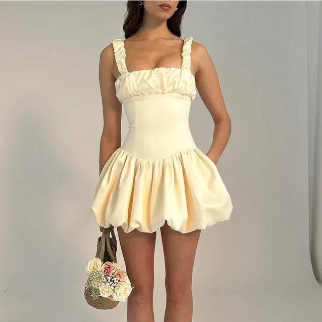 Satin Suspender Mini Dress for Ball Gown Splice Sleeveless Ruched Summer New Princess Party Dress Female