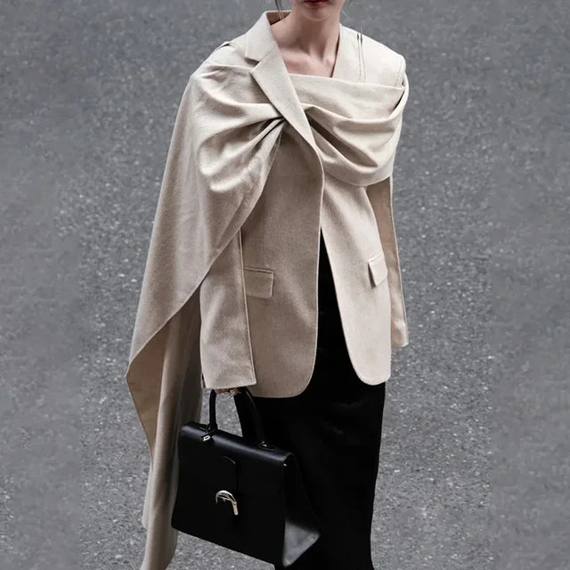 Scarf Collar Blazer Autumn Winter Fashionable Slim Coat for Woman Jacket Street Cardigan Femme