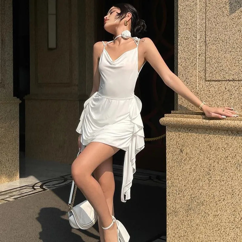 Backless Dress for Ruffle Folds Slim Mini Dresses Holiday Bandage V Neck Lace Up Dress Woman