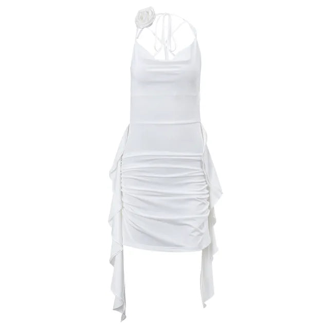 Backless Dress for Ruffle Folds Slim Mini Dresses Holiday Bandage V Neck Lace Up Dress Woman