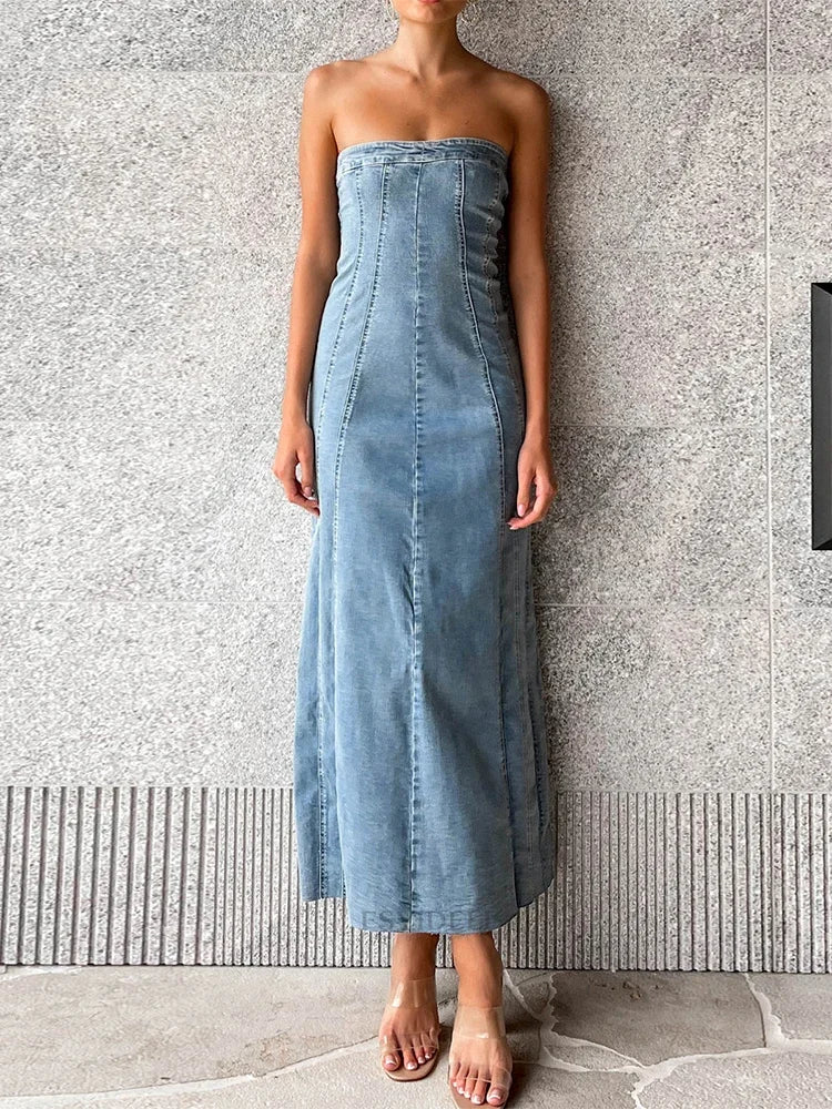 Side Slit Denim Bodycon Dress for Slim Sleeveless Maxi Dresses ’s Street Woman Autumn New