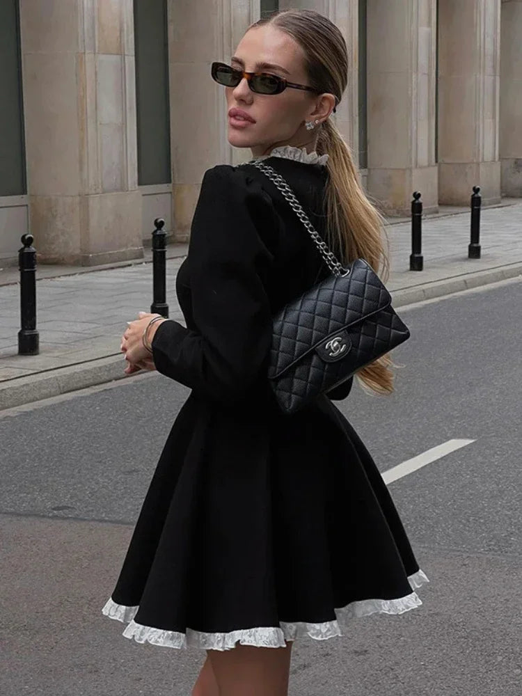 Splice Lace Mini Dress for High Waist Slim Dresses Femme Wedding Retro Temperament Dress Clothes New